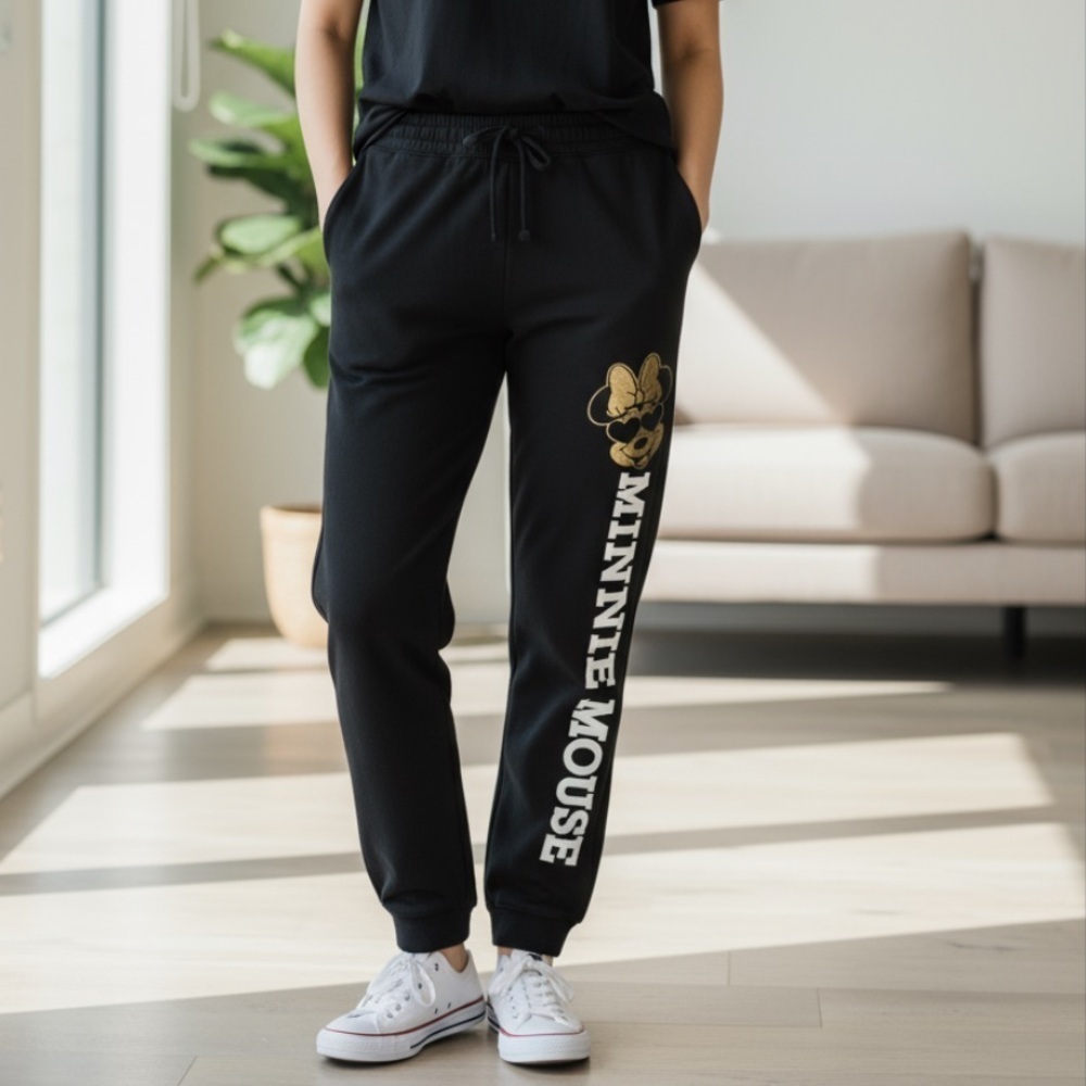 Disney Black Minnie Mouse Track Joggers with Gold Logo